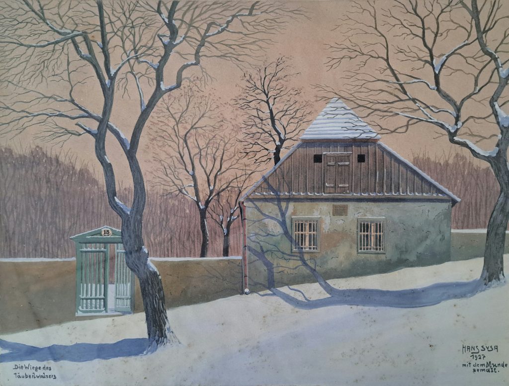 Aquarell mit Haus in Winterlandschaft mit Schnee