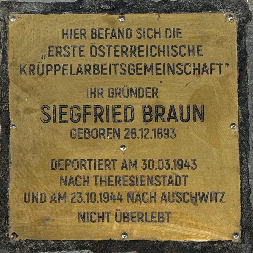 Der Erinnerungsstein ist ein kleiner Würfel. Die Kanten sind ungefähr zehn Zentimeter lang. Obendrauf ist eine Platte aus Messing, in die der Text eingeprägt ist: Hier befand sich die "Erste österreichische Krüppelarbeitsgemeinschaft". Ihr Gründer Siegfried Braun, geboren 28.12.1893, deportiert am 30.03.1943 nach Theresienstadt und am 23.10.1944 nach Auschwitz. Nicht überlebt